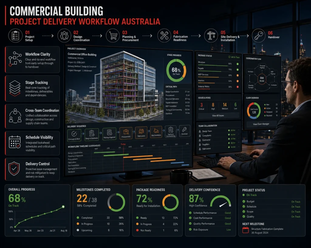 Commercial building project delivery workflow from design to documentation