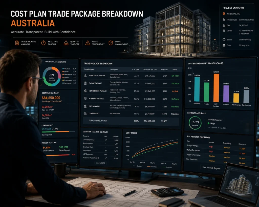 Cost plan trade package breakdown for construction budgeting