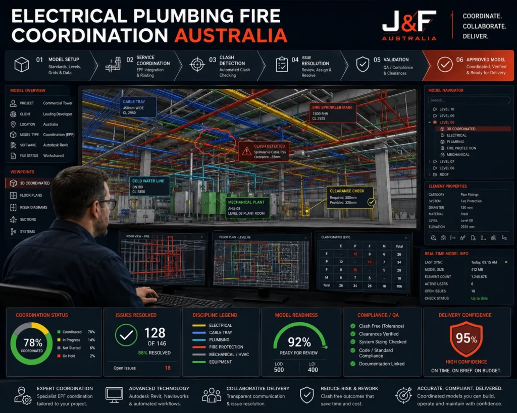 Electrical, plumbing and fire services coordination for an Australian building project