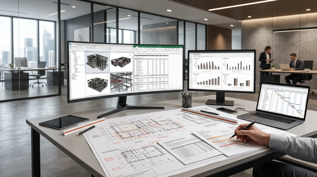 Quantity surveying workflow from measurement to BOQ and cost reporting