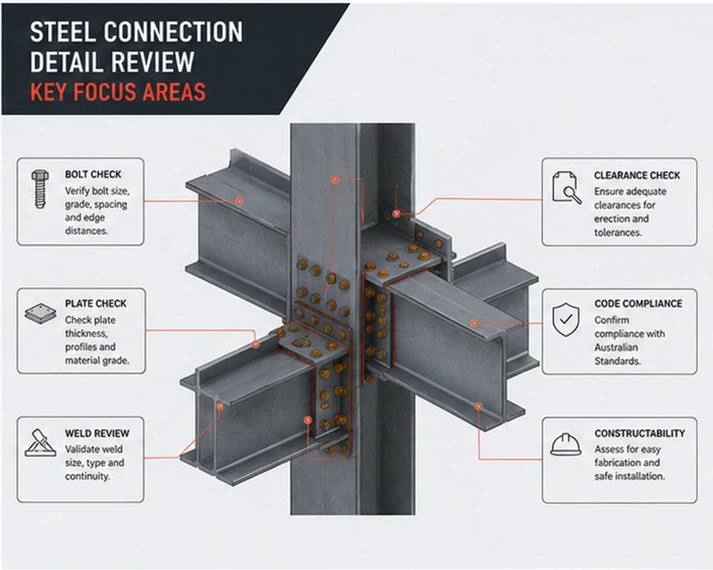 Steel connection detail review Australia with plates bolts and welds