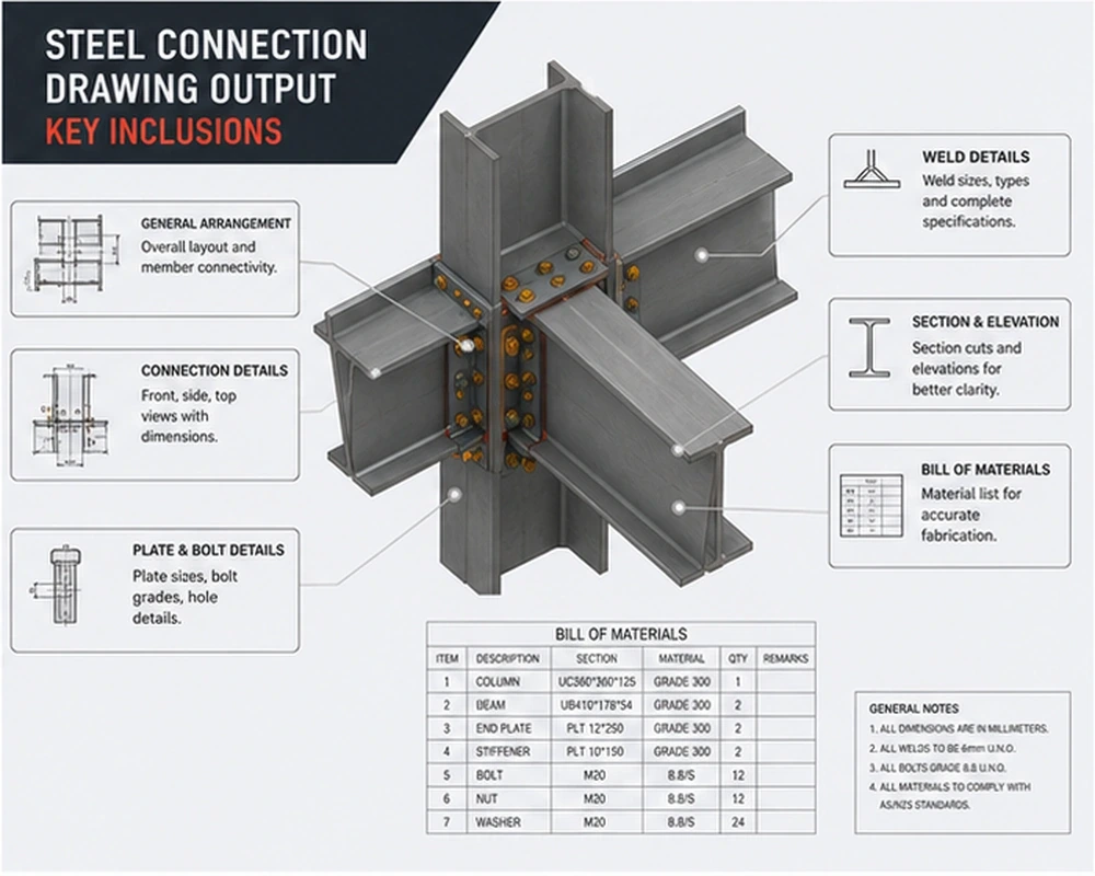 Steel connection drawing output Australia for fabrication review