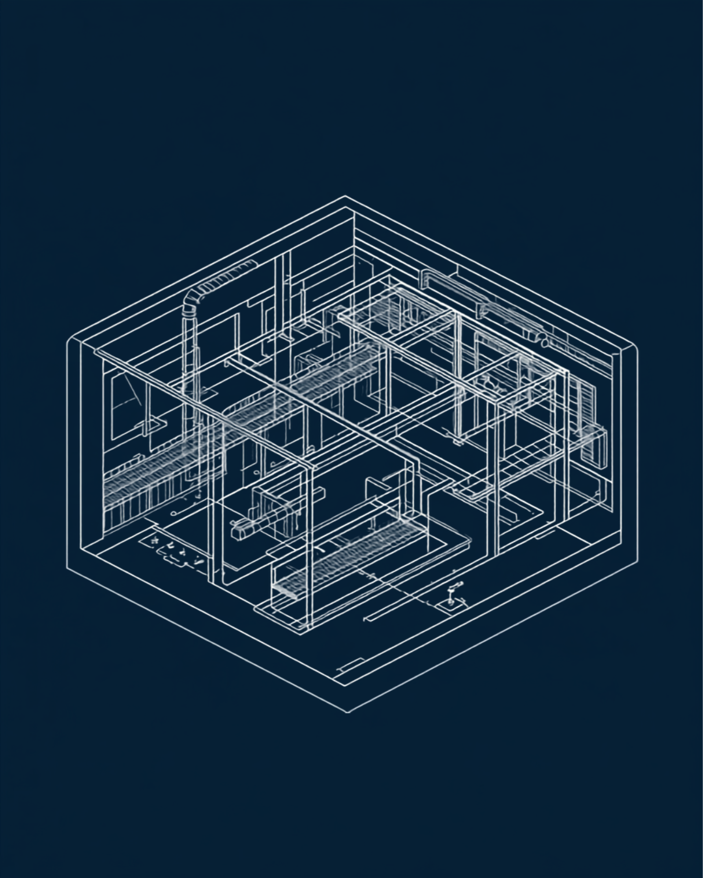 Illustrative isometric technical diagram of building MEPF services coordination in a plant room