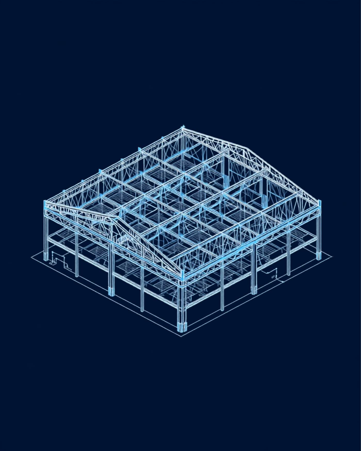 Illustrative isometric technical diagram of a logistics warehouse steel truss and portal frame structure