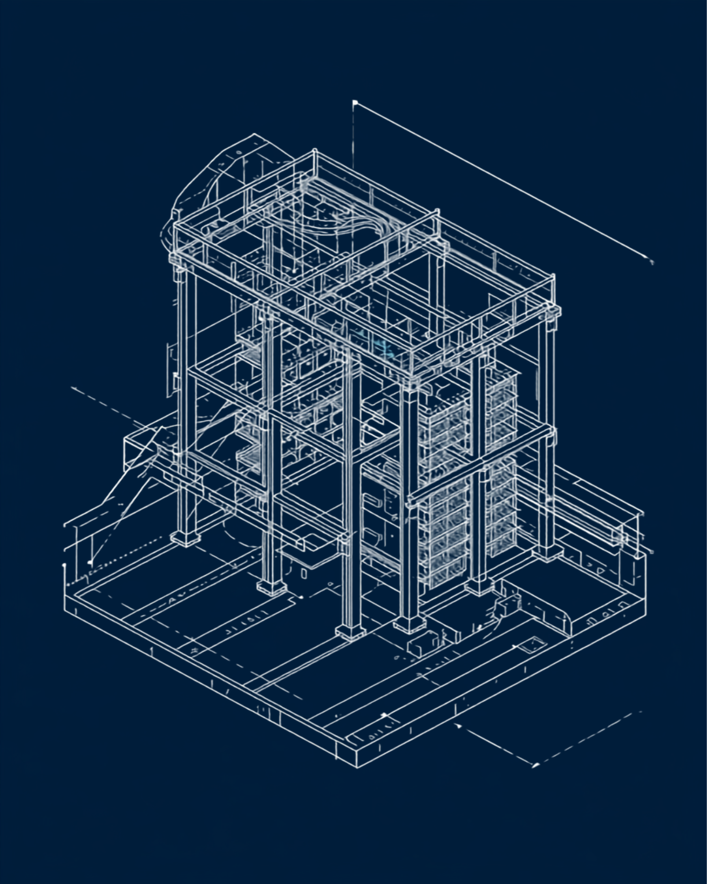 Illustrative isometric technical diagram of a data centre structural steel and MEPF services layout