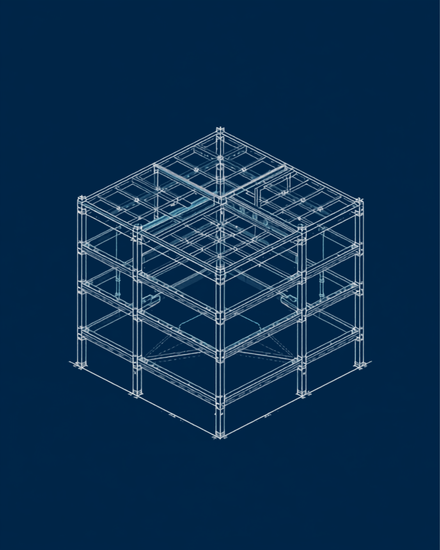Illustrative isometric technical diagram of a multi-level commercial building structural steel frame
