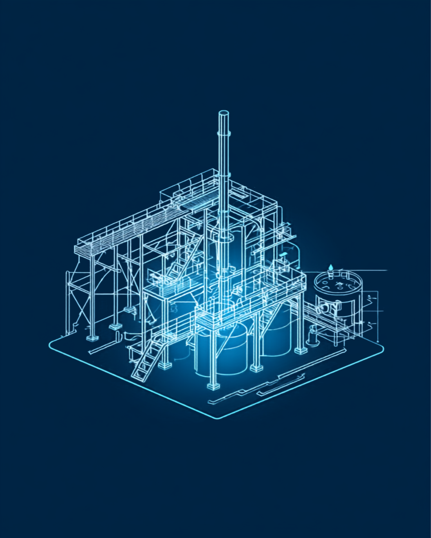 Illustrative isometric technical diagram of a water treatment plant structural platform and pipe supports