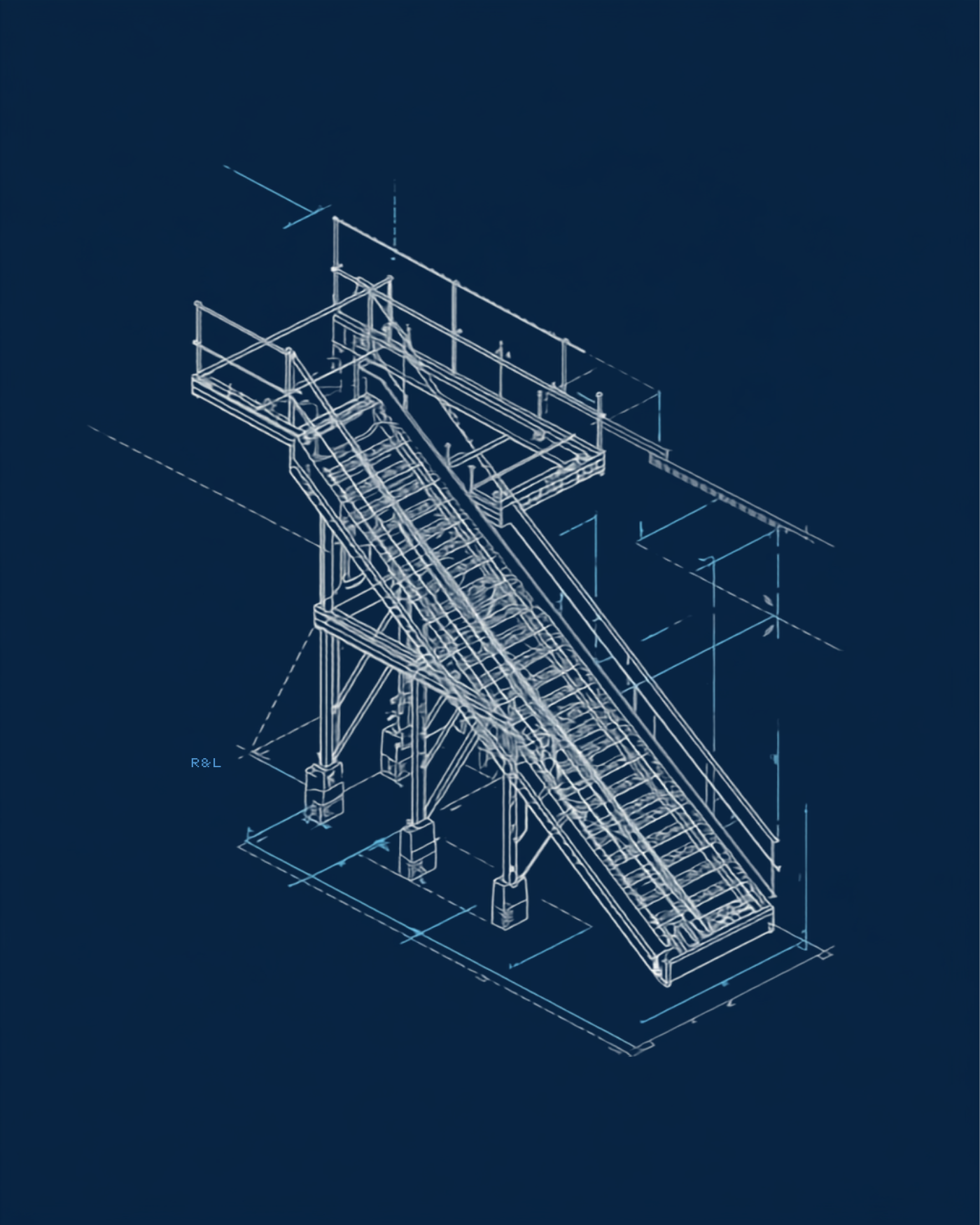 Illustrative isometric technical diagram of a rail platform access stair and walkway structure
