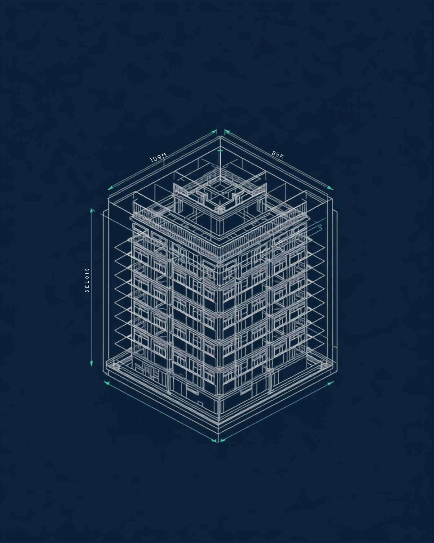 Illustrative isometric technical diagram of a multi-storey residential building structural model